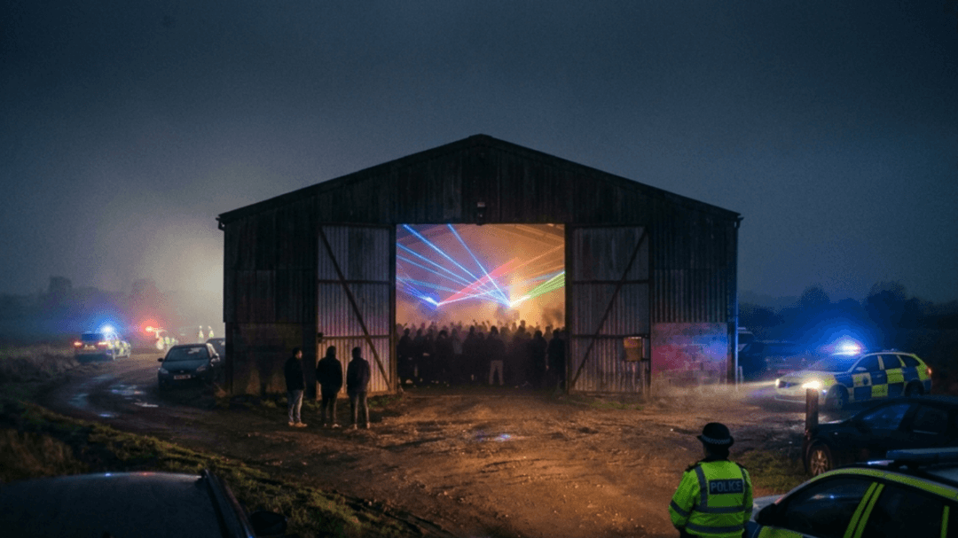 Illegal Northamptonshire barn rave police containment 2026 underground music event